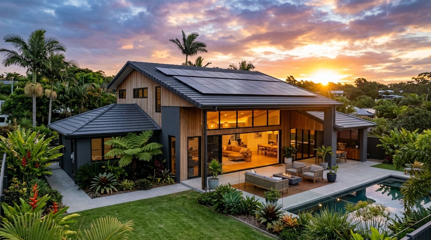 Modern Australian home with solar panels and architectural lighting